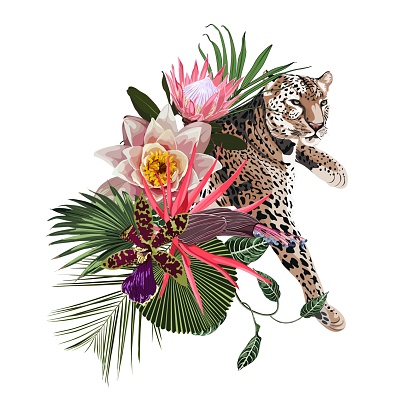 Season Abstract Nature Banner Background. Jungle plants, cartoon leopard animal with exotic flowers. Exotic card element with tropical leaves.