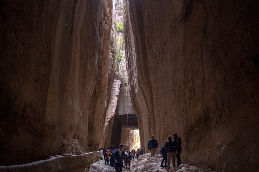 Antakya Turkey; November 27, 2022: Titus tunnels are ancient Roman waterways carved into rocks in Besikli Antakya Turkey