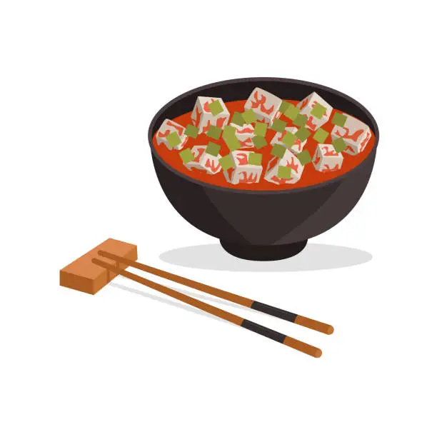 Vector illustration of Chinese national food. MaPa Tofu. Stewed tofu with ground beef in sauce.