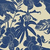 istock Tropical exotic floral line blue palm leaves and orchid flowers seamless pattern, line background. Exotic jungle wallpaper. 1446446601