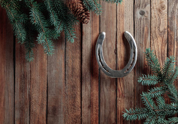 Horseshoe and spruce branches. Old wooden background. Copy space.