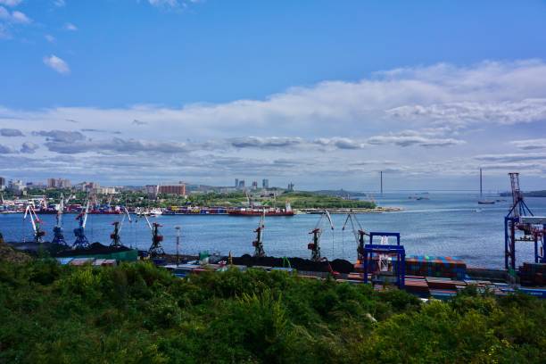 der handelshafen von wladiwostok aus der höhe. der hafen von wladiwostok von der höhe des krestovaya-hügels. krestovaya hügel und ein blick auf das goldene horn und den handelshafen. - cargo container san francisco county harbor skyline stock-fotos und bilder