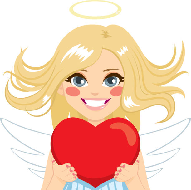 engel mit herz - angel cherub heart shape smiling stock-grafiken, -clipart, -cartoons und -symbole