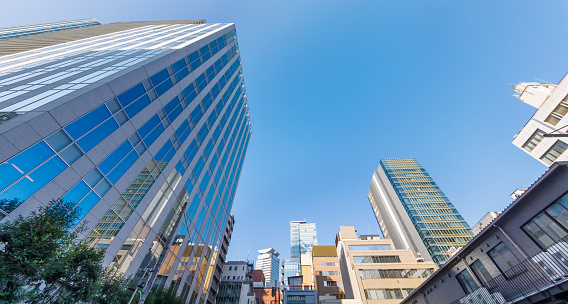 A group of buildings in Tokyo with a beautiful morning sun