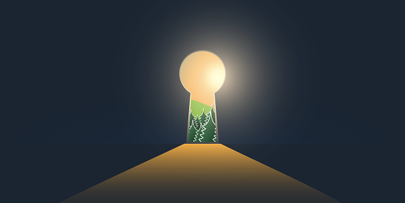 Key Hole on Dark Blue Wall with Glowing Sun Light, Nature, Pine Forest on the Other Side - Final Remedy Concept, Template, Vector Design in Editable Format