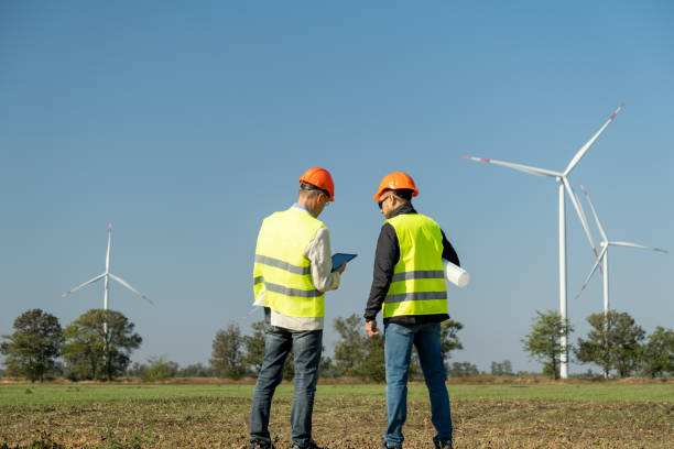 istock Windmills rotate on summer field and engineers on foreground 1446452337