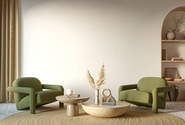 Minimalist interior design on arch wall background. Wall mockup concept, 3d render