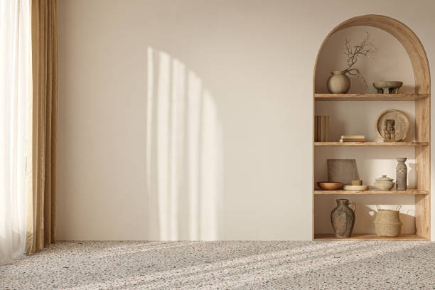 minimalista belsőépítészet íves fali háttéren. fali mintapéldány koncepció, 3d renderelés - üres témájú stock jellegű vizuális alkotások, jogdíjmentes fotók és képek