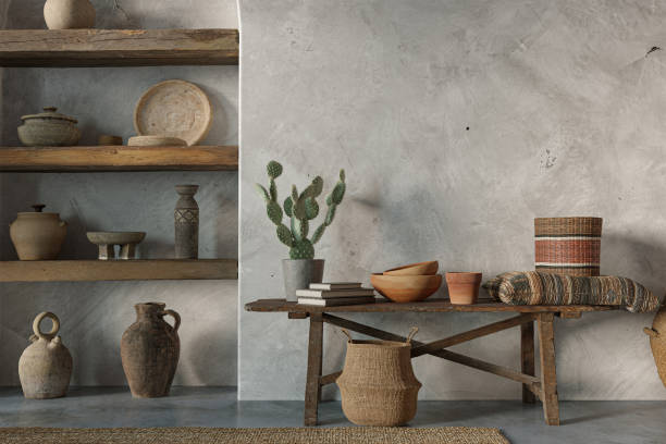 istock Wabi sabi interior design on arch wall background. Wall mockup concept, 3d render 1446453139