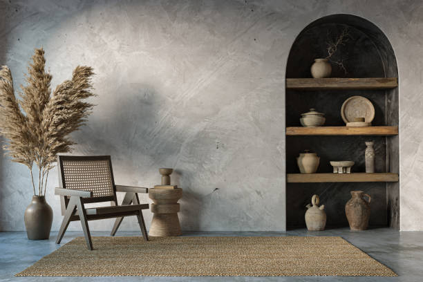 istock Wabi sabi interior design on arch wall background. Wall mockup concept, 3d render 1446453146
