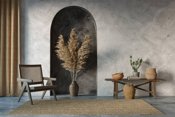 istock Wabi sabi interior design on arch wall background. Wall mockup concept, 3d render 1446453147
