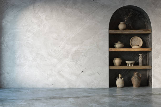 Wabi sabi interior design on arch wall background. Wall mockup concept, 3d render