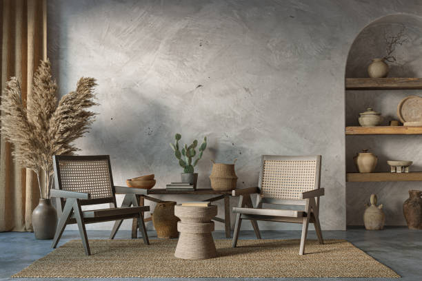 istock Wabi sabi interior design on arch wall background. Wall mockup concept, 3d render 1446453158