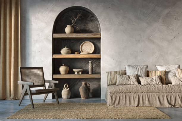 istock Wabi sabi interior design on arch wall background. Wall mockup concept, 3d render 1446453199