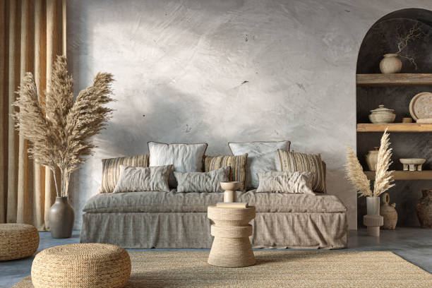 istock Wabi sabi interior design on arch wall background. Wall mockup concept, 3d render 1446453203