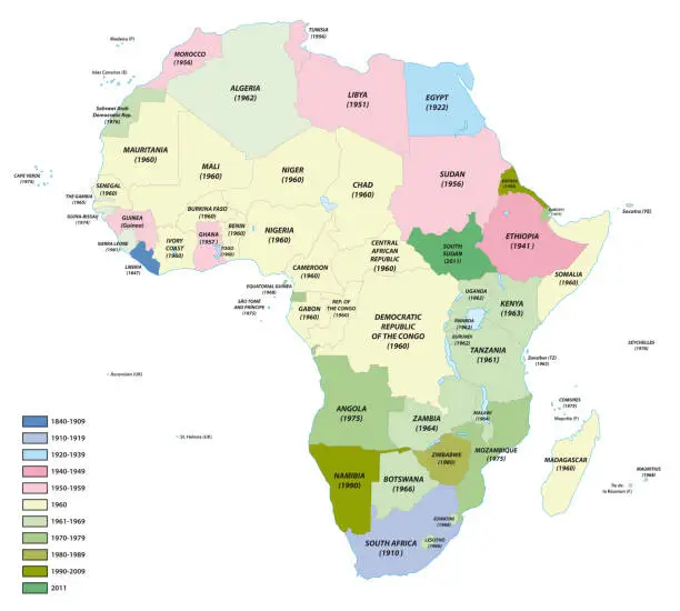 Vector illustration of Map of the states of Africa with the dates of their independence