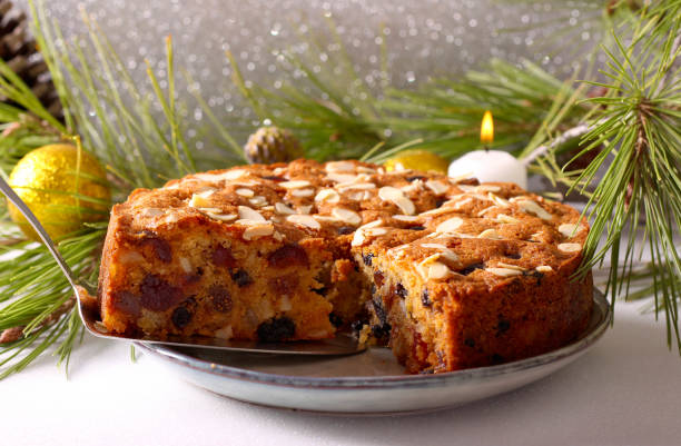 Festive Christmas fruit cake decoration background