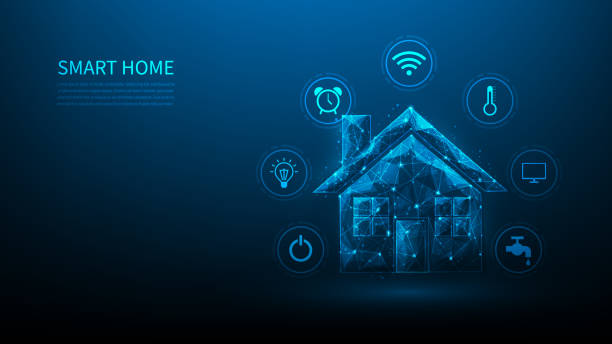 smart home internet of things on blue dark background. home control system and technology icons. house control device. vector illustration fantastic hi tech design. iot automation concept. smart home internet of things on blue dark background. home control system and technology icons. house control device. vector illustration fantastic hi tech design. iot automation concept. home automation stock illustrations