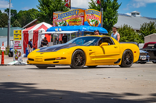 Des Moines, IA - July 03, 2022: Wide angle front corner view of a 2002 Chevrolet Corvette  Z06 Coupe at a local car show.