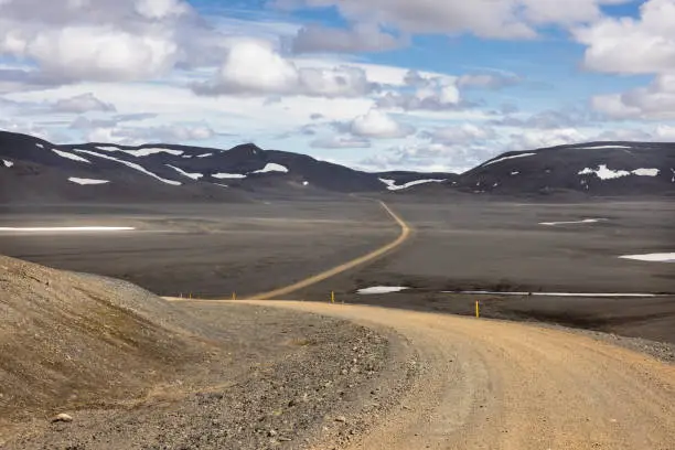 Photo of Lunar landscape with desert dirt road in Highlands of Iceland