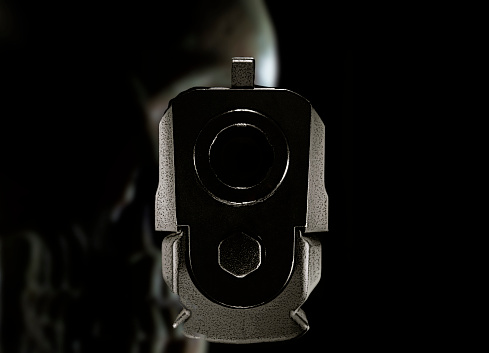 3-D illustration of a semi-auto pistol ghost gun seen from the front with a skull behind with copy space