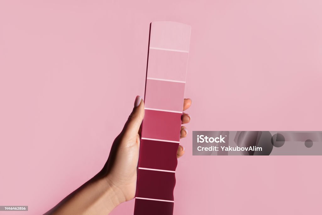 Color samples palette design catalog. New 2023 trending Color Institute 18-1750 Viva Magenta colour Color Swatch Stock Photo