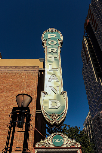 Portland, Oregon, USA- October 1, 2022: sign of the Portland’5 centers for the arts which brings over 1,000 music, theater, dance, and lecture performances to Portland each year