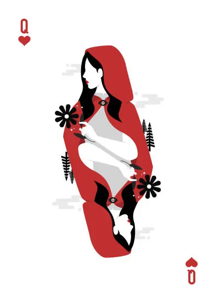 Vector illustration of Queen of hearts playing card.