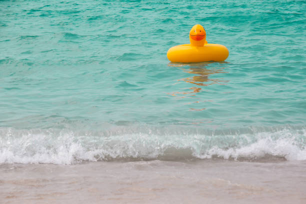 istock Inflatable ring player with soft wave of blue ocean on sandy beach. 1446466659
