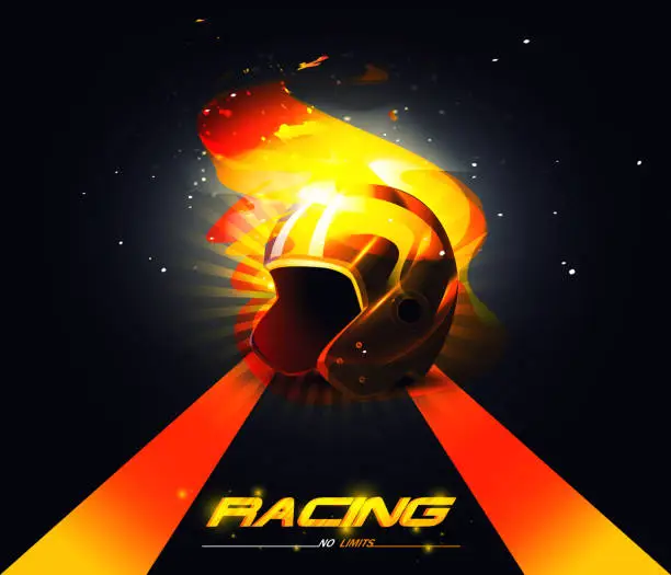 Vector illustration of The concept of movement speed and victory in a realistic style. Burning sports helmet of the racer on the background of the race track with text.