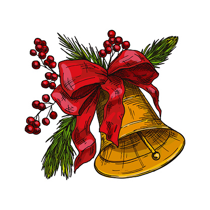 Colorful sketch of Christmas handbell, isolated vector icon or clipart. Hand drawn linear design. Golden bell with red bow, berries, pine branch. New Year holiday decor, toy for fir tree decoration.