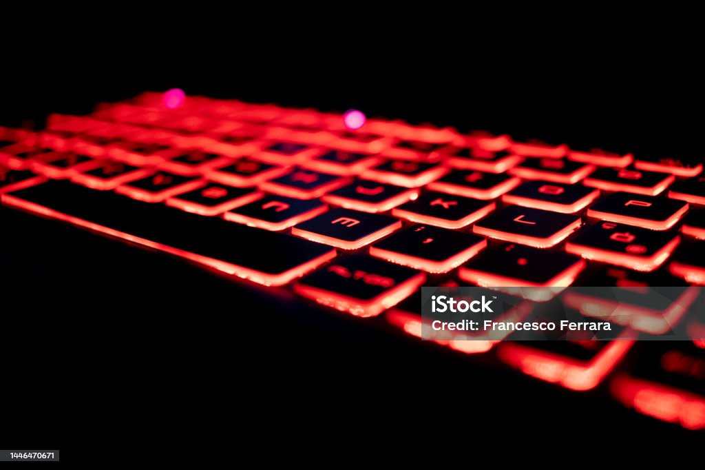 Laptop With Red Backlit Keyboard Red Backlit Keyboard Stock Photo - Download Image Now - Backgrounds