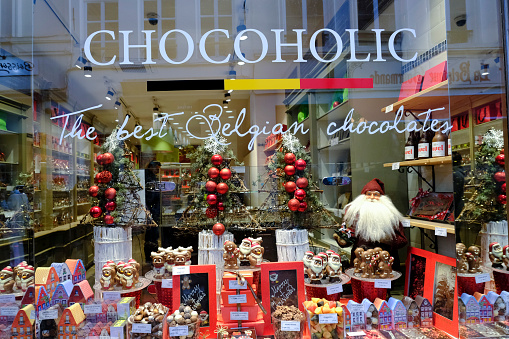 Christmas chocolates for sale in chocolate shop in Brussels, Belgium on November 26, 2022.