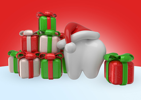 3d render of healthy tooth with many christmas gifts on festive background. dentist christmas concept. happy Holidays. Dental care