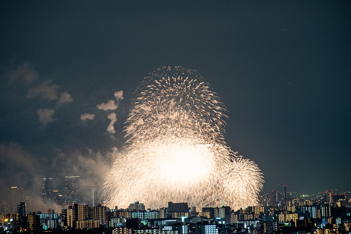 View of fireworks during summer festival with a clear sky night (Osaka, Japan) (20221203-016)