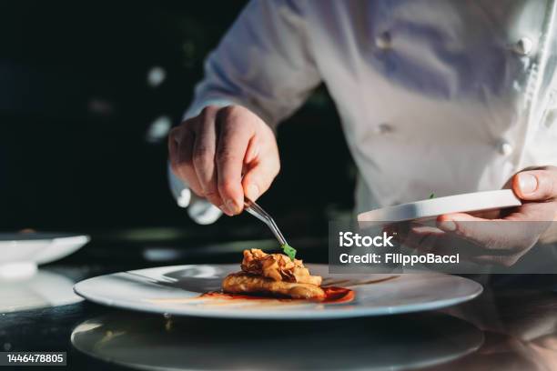 A Chef Is Finishing The Preparation Of The Plate Stock Photo - Download Image Now - Gourmet, Chef, Fine Dining