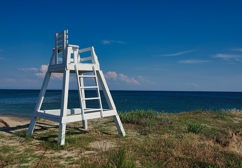 Lifeguard tower on the city beach in the morning in the resort village of Nebug, Krasnodar Territory, Russia.