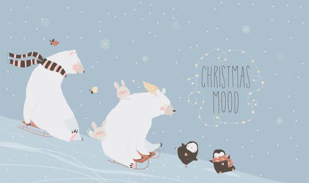 ilustraciones, imágenes clip art, dibujos animados e iconos de stock de lindos osos polares divertidos con conejos y pingüinos disfrutando del invierno - winter bear