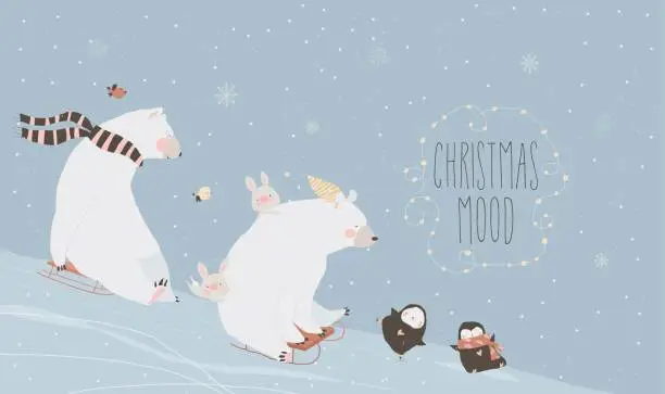 Vector illustration of Cute Funny Polar Bears with Rabbits and Penguins enjoying Winter