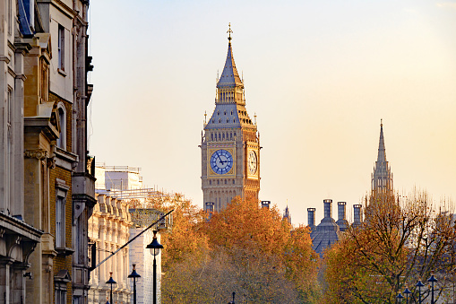 View past seasonal tree color to Great Clock of Westminster, British cultural icon in Gothic Revival style, opened in 1859, UNESCO World Heritage Site.