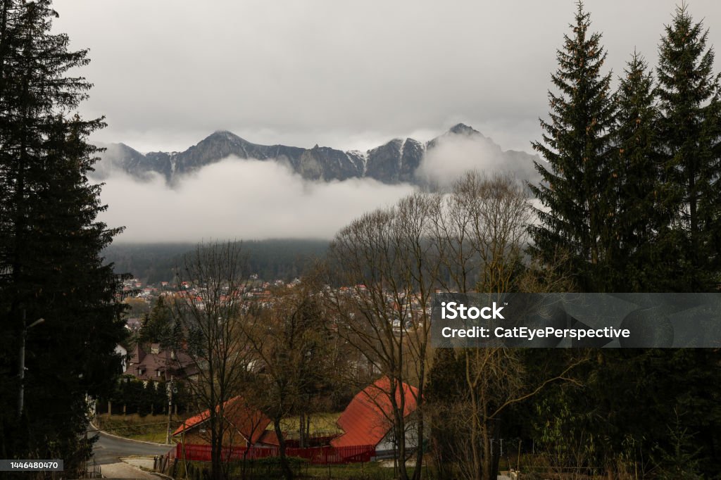 The Bucegi Mountains (part of the Southern Carpathians group of the Carpathian Mountains in central Romania) in the background as seen from the town of Busteni on a cold and cloudy winter morning. Bucegi Mountains Stock Photo