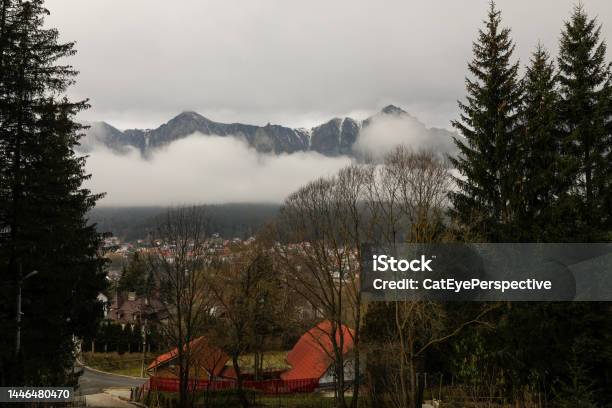 The Bucegi Mountains In The Background As Seen From The Town Of Busteni On A Cold And Cloudy Winter Morning Stock Photo - Download Image Now