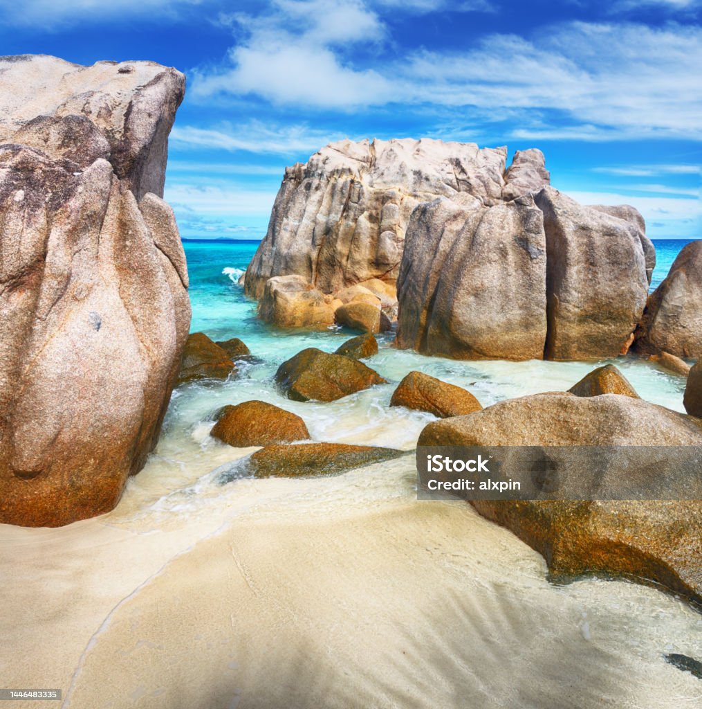 Seychelles seascape Seychelles is the most beautiful tropical islands of the world's in the Indian Ocean. Composite photo Bay of Water Stock Photo