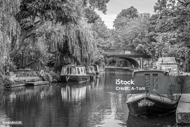 Houseboats On The Regents Canal In London In Black And White Stock Photo - Download Image Now
