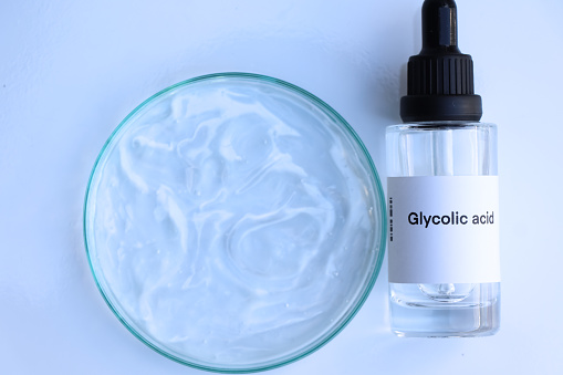 Glycolic acid in a bottle, chemical ingredient in beauty product, skin care products