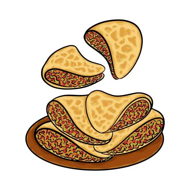 Vector illustration of Gozleme is Turkish pastry. Freshly baked appetizing Turkish tortillas Gozleme with with feta cheese. Turkish cuisine.