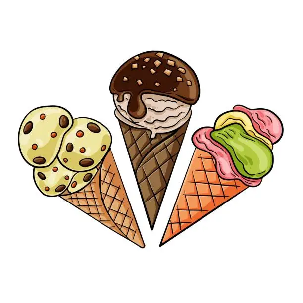 Vector illustration of Turkish ice cream Dondurma in a waffle cone. Traditional turkish desserts. Vector illustration