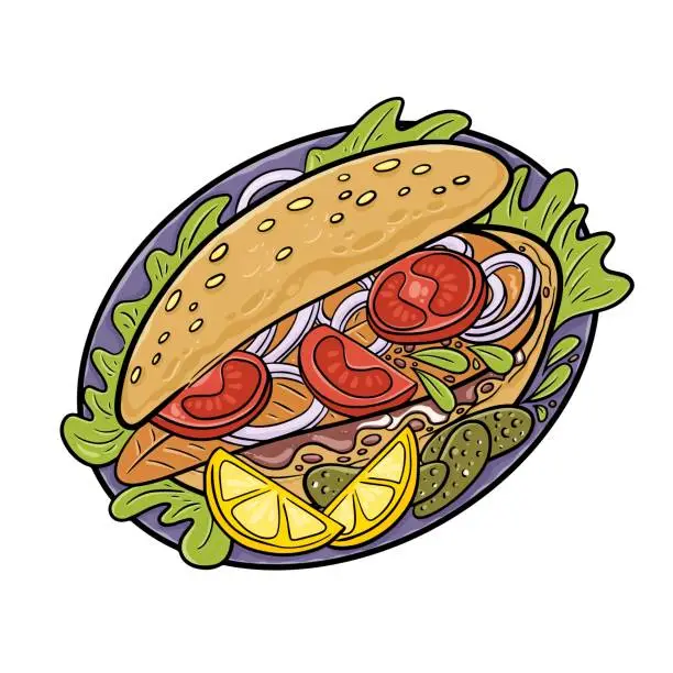 Vector illustration of Hot Balik Ekmek fish sandwich with grilled mackerel. Traditional street food turkish cuisine. Cartoon illustration.
