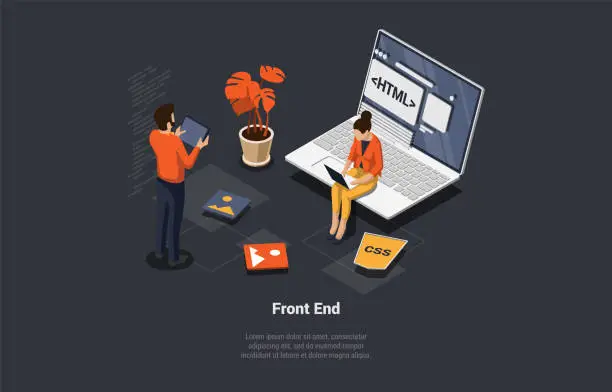 Vector illustration of Front And Back End Of Development, Responsive Web Design, Website Interface, Coding and Programming. Man And Woman IT Developers Working On New Startup Or Project. Isometric 3d Vector Illustration