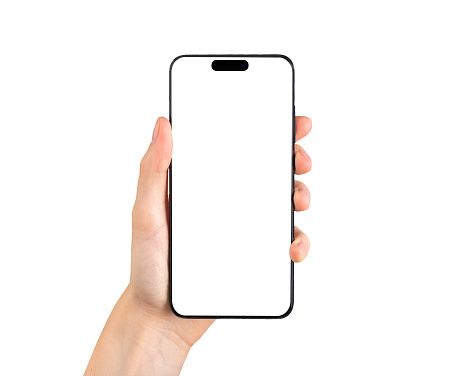 MINSK, BELARUS - NOVEMBER 14 2022 Hand hold phone screen mockup of new iphone 14 pro isolated on white background. Template with empty display. Smartphone mockup. High quality photo